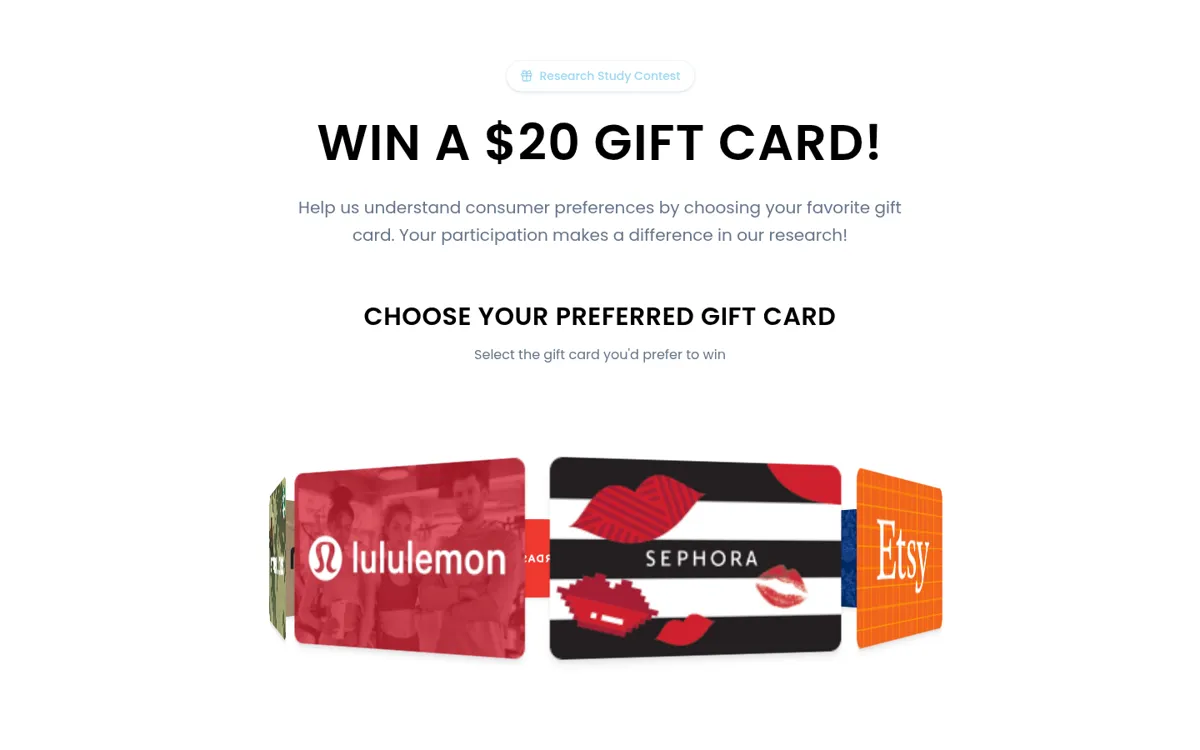 Gift Card Contest Experiment homepage