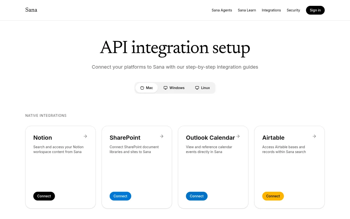 Sana API Integration Setup homepage